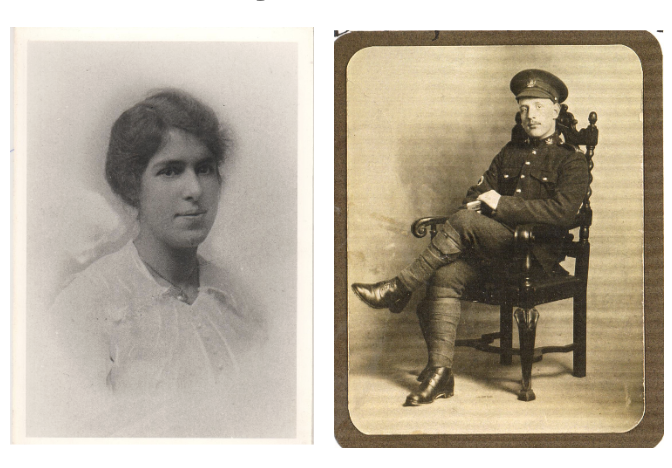 Vintage photo of young woman and a seated man in uniform