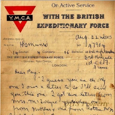 Munro Letters- 1915 Aug 22- from Gordon Munro to Margaret Munro 