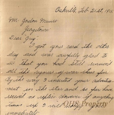 Munro Letters- 1915 Feb 21- from Norma Evans to Gordon Munro