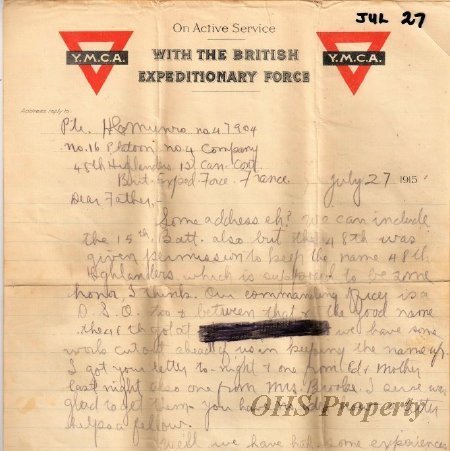 Munro Letters- 1915 July 27- from Gordon Munro to James E. Munro