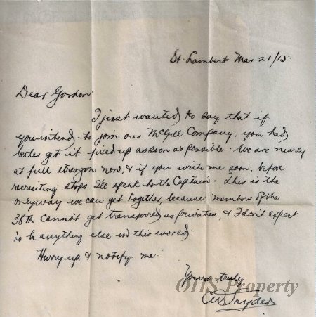 Munro Letters- 1915 Mar 21- from C. W. Snyder to Gordon Munro