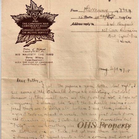 Munro Letters- 1915 Sep 4- from Gordon Munro to James E. Munro