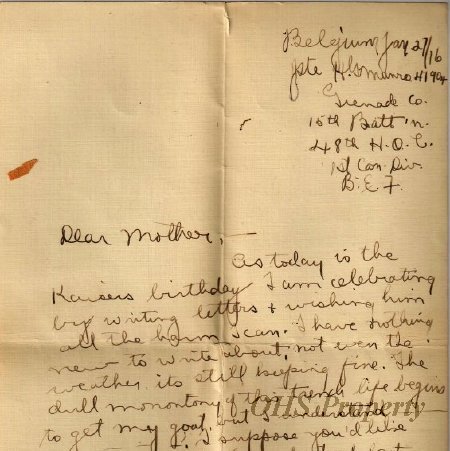 Munro Letters- 1916 Jan 27- from Gordon Munro to Jessie Munro