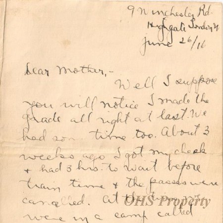 Munro Letters- 1916 June 26- from Gordon Munro to Jessie Munro