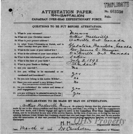 Military Personnel file for Arthur Melville Munro, 1916