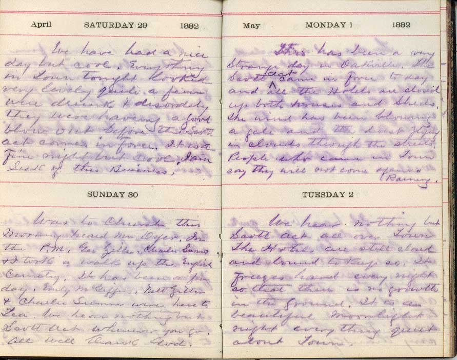 handwritten diary entry scan on yellowing paper and purple ink